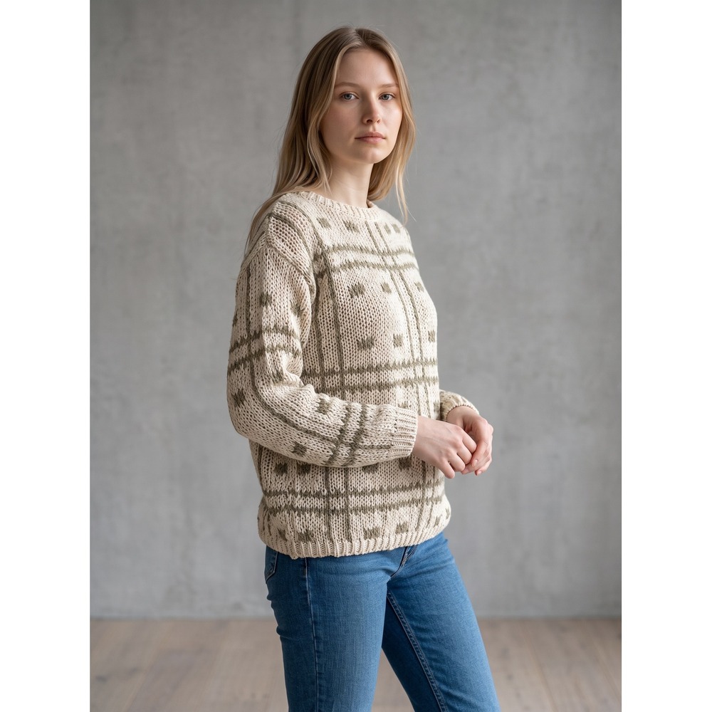 Lauren Hansen Hand Loomed Linen Cotton Knit Sweater Cream Tan Grid Size M